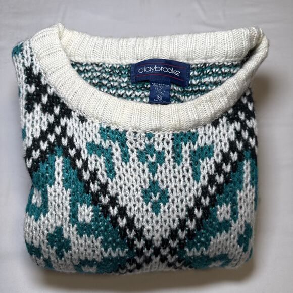 VTG Claybrooke Unisex Medium Sweater Cream Teal Navy Chunky Knit Long Sleeve - Picture 13 of 13